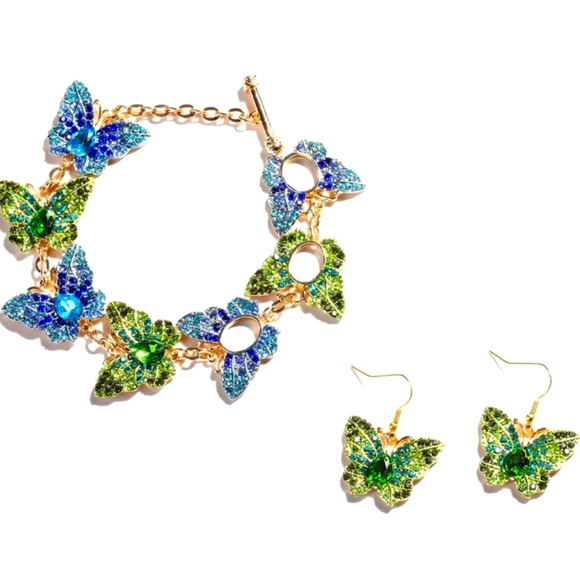 Austrian Crystal Butterfly Bracelet and Earrings Blue Green Gold Set NIB - Picture 2 of 3